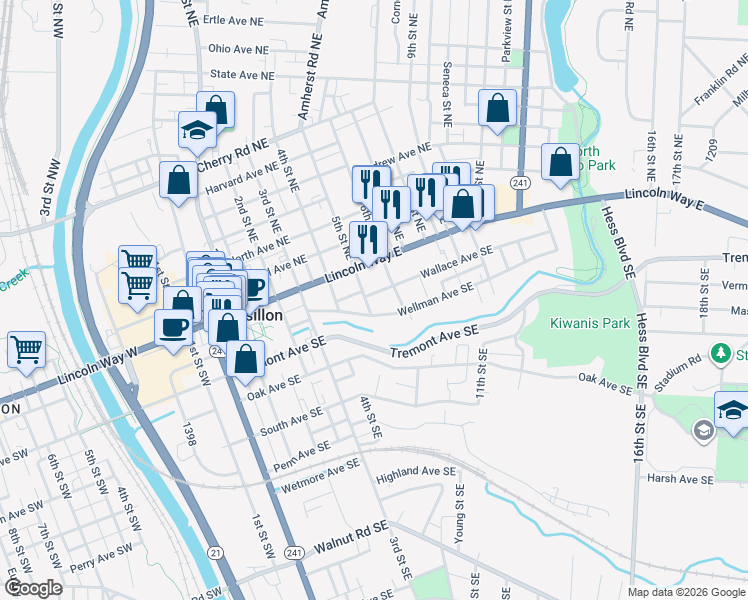 map of restaurants, bars, coffee shops, grocery stores, and more near 52 5th Street Southeast in Massillon