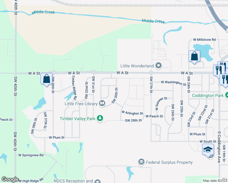 map of restaurants, bars, coffee shops, grocery stores, and more near 1640 Southwest 30th Street in Lincoln