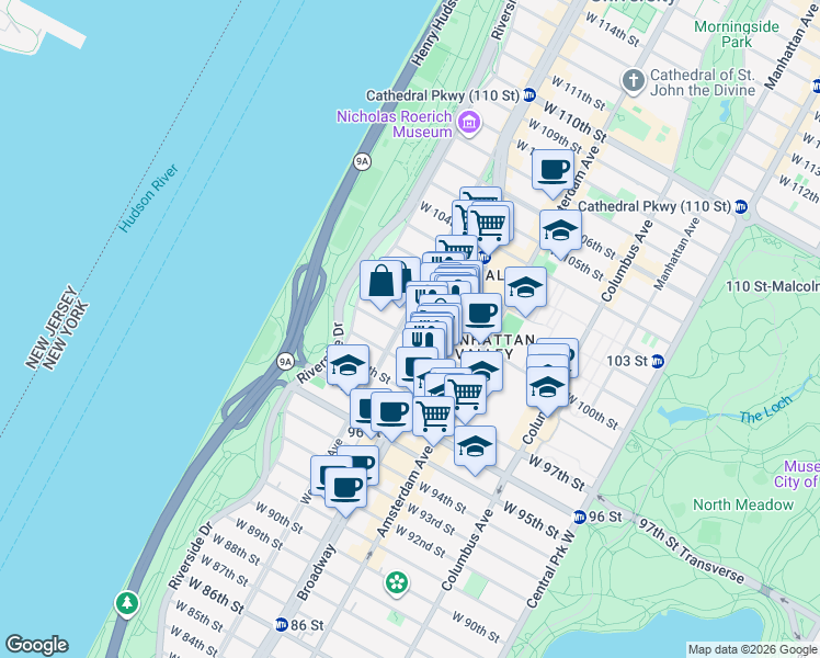 map of restaurants, bars, coffee shops, grocery stores, and more near 808 West End Avenue in New York