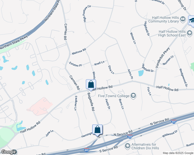 map of restaurants, bars, coffee shops, grocery stores, and more near 45 Westcliff Drive in Dix Hills
