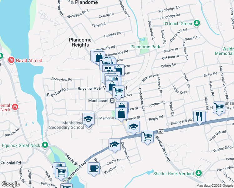 map of restaurants, bars, coffee shops, grocery stores, and more near 330 Plandome Road in Manhasset