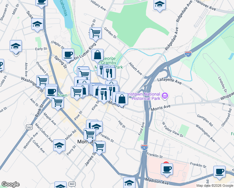 map of restaurants, bars, coffee shops, grocery stores, and more near 19 Olyphant Place in Morristown