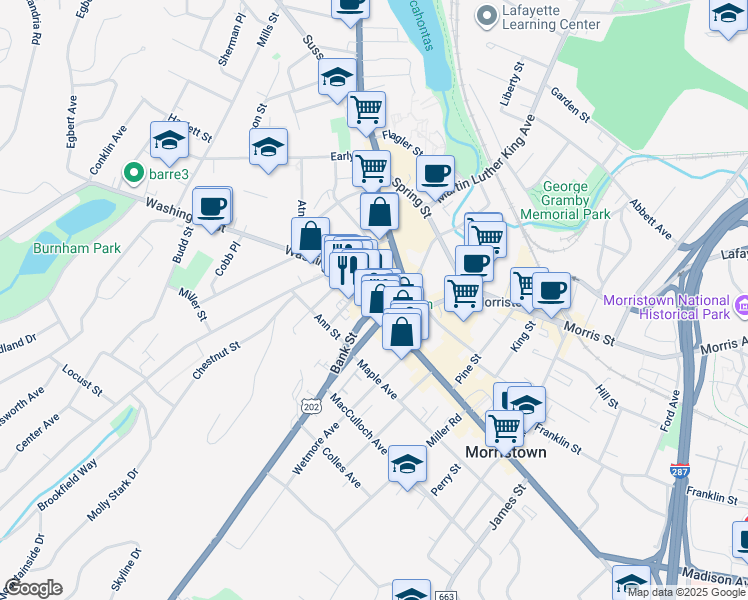 map of restaurants, bars, coffee shops, grocery stores, and more near 6 Washington Street in Morristown