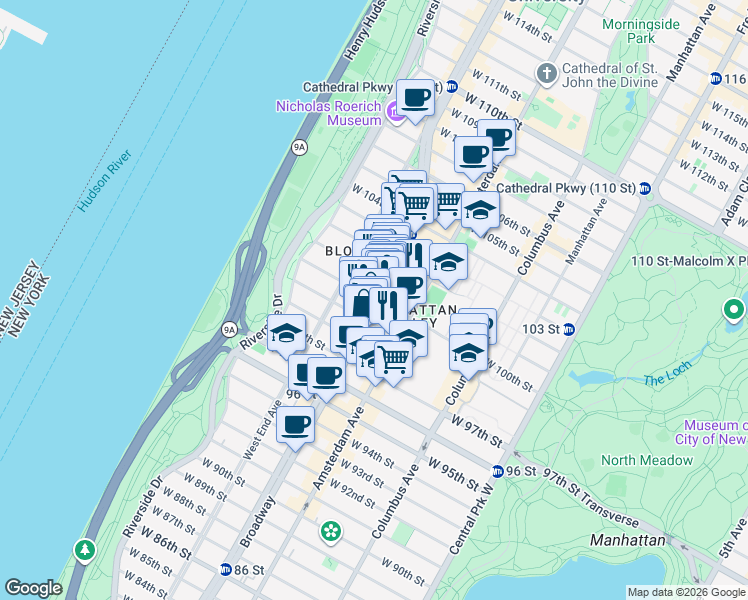 map of restaurants, bars, coffee shops, grocery stores, and more near Broadway & W 100th St in New York