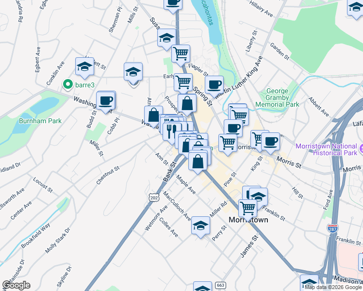 map of restaurants, bars, coffee shops, grocery stores, and more near 6 Washington Street in Morristown