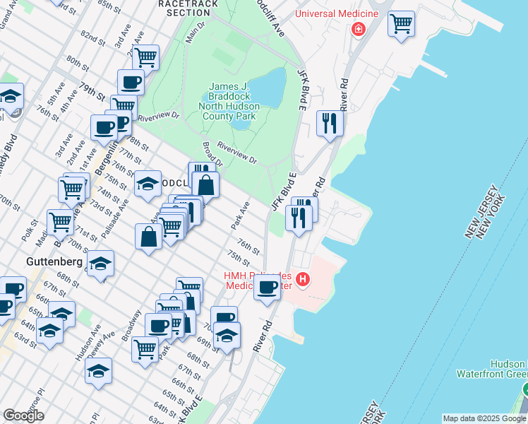 map of restaurants, bars, coffee shops, grocery stores, and more near 7800 Boulevard East in North Bergen
