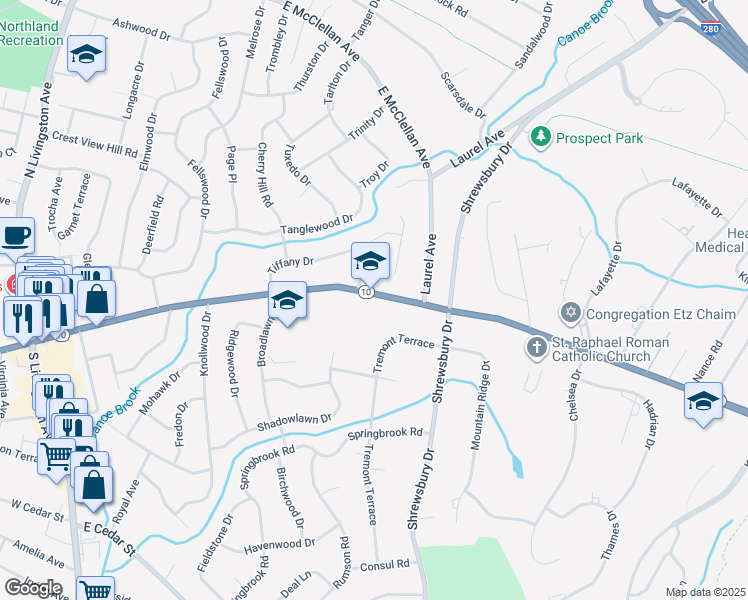 map of restaurants, bars, coffee shops, grocery stores, and more near 256 East Mount Pleasant Avenue in Livingston