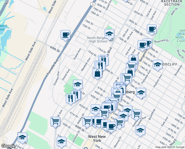 map of restaurants, bars, coffee shops, grocery stores, and more near 6717 Smith Avenue in North Bergen