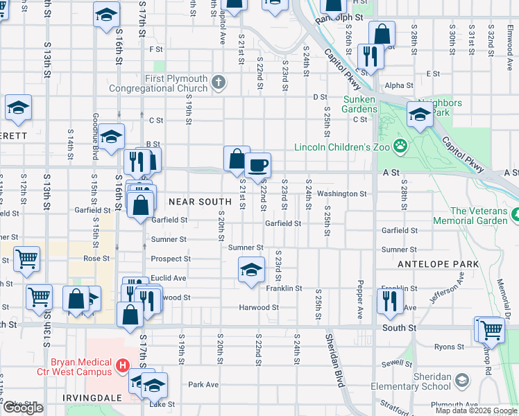 map of restaurants, bars, coffee shops, grocery stores, and more near 2120 Garfield Street in Lincoln