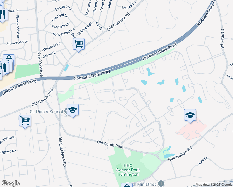 map of restaurants, bars, coffee shops, grocery stores, and more near 467 Florencia Place in Melville