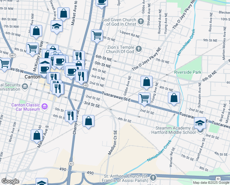 map of restaurants, bars, coffee shops, grocery stores, and more near 909 Tuscarawas Street East in Canton