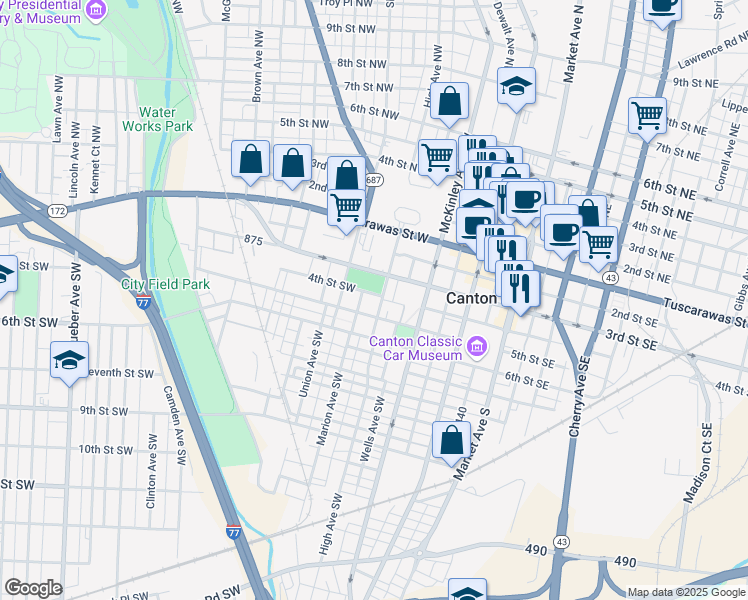 map of restaurants, bars, coffee shops, grocery stores, and more near 401 High Avenue Southwest in Canton