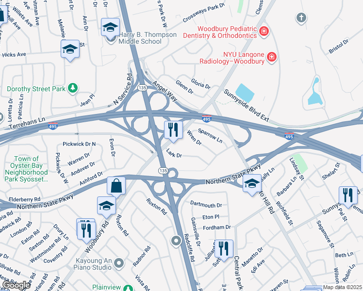map of restaurants, bars, coffee shops, grocery stores, and more near 28 Lark Drive in Woodbury