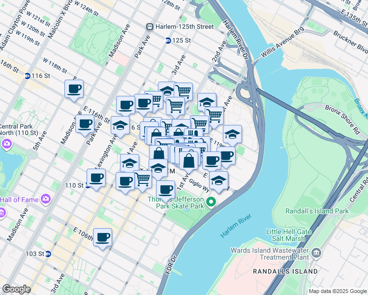 map of restaurants, bars, coffee shops, grocery stores, and more near 318 East 117th Street in New York