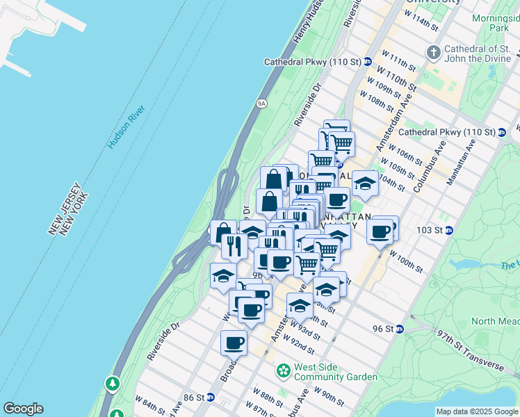 map of restaurants, bars, coffee shops, grocery stores, and more near 258 Riverside Drive in New York