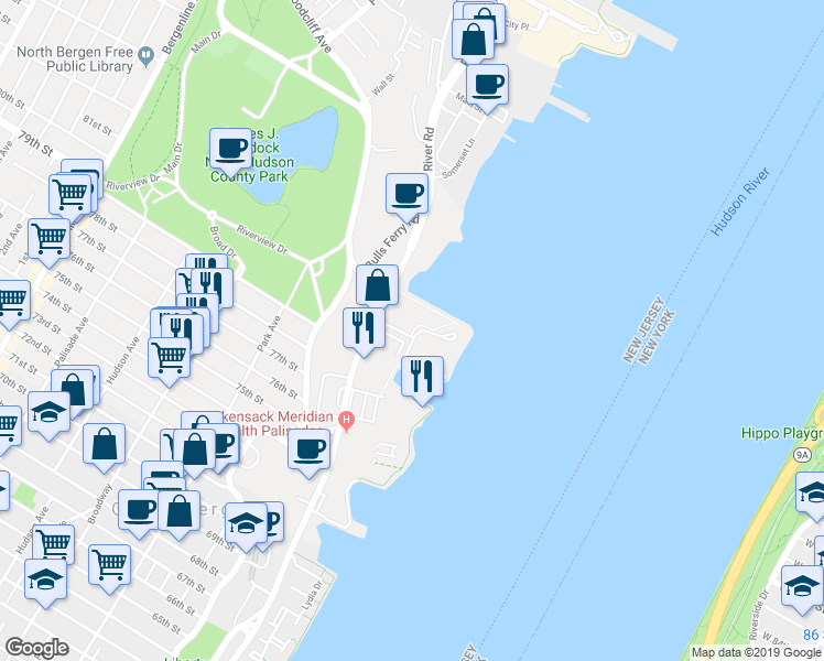 map of restaurants, bars, coffee shops, grocery stores, and more near 7912 River Road in North Bergen