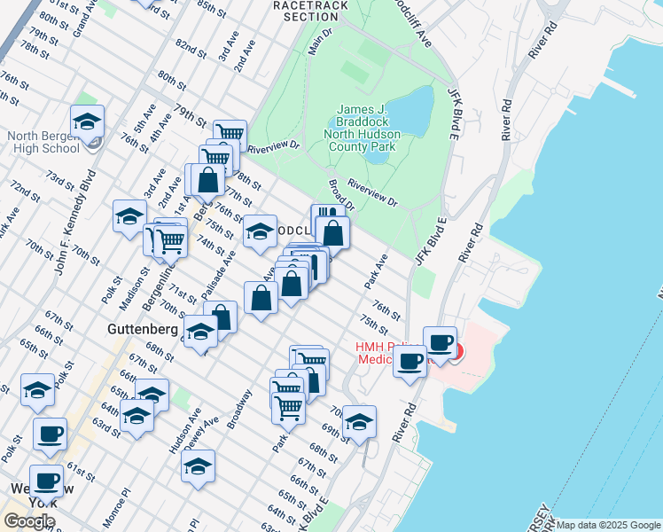 map of restaurants, bars, coffee shops, grocery stores, and more near 145 76th Street in North Bergen