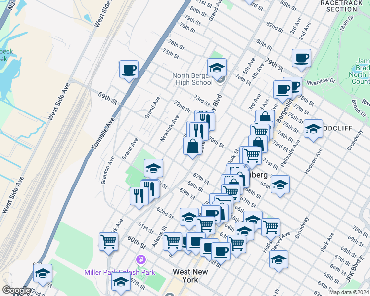 map of restaurants, bars, coffee shops, grocery stores, and more near 6717 Smith Avenue in North Bergen