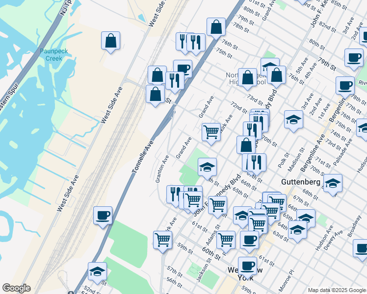 map of restaurants, bars, coffee shops, grocery stores, and more near 6411 Grand Avenue in North Bergen