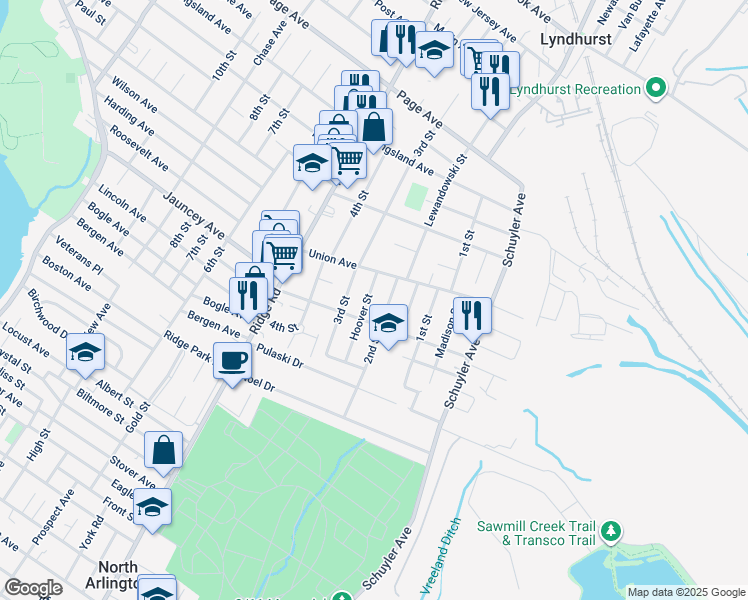 map of restaurants, bars, coffee shops, grocery stores, and more near 32 Hoover Street in North Arlington