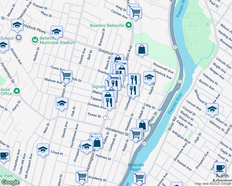 map of restaurants, bars, coffee shops, grocery stores, and more near 143 Little Street in Belleville
