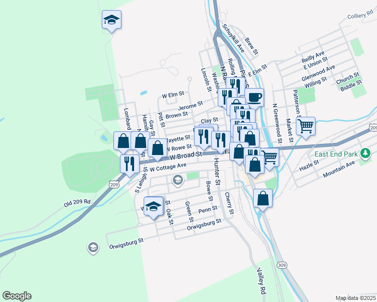map of restaurants, bars, coffee shops, grocery stores, and more near 208 West Broad Street in Tamaqua