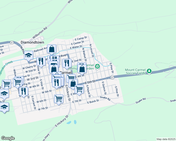 map of restaurants, bars, coffee shops, grocery stores, and more near 39 South Walnut Street in Mount Carmel