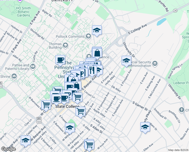map of restaurants, bars, coffee shops, grocery stores, and more near 150 South Garner Street in State College