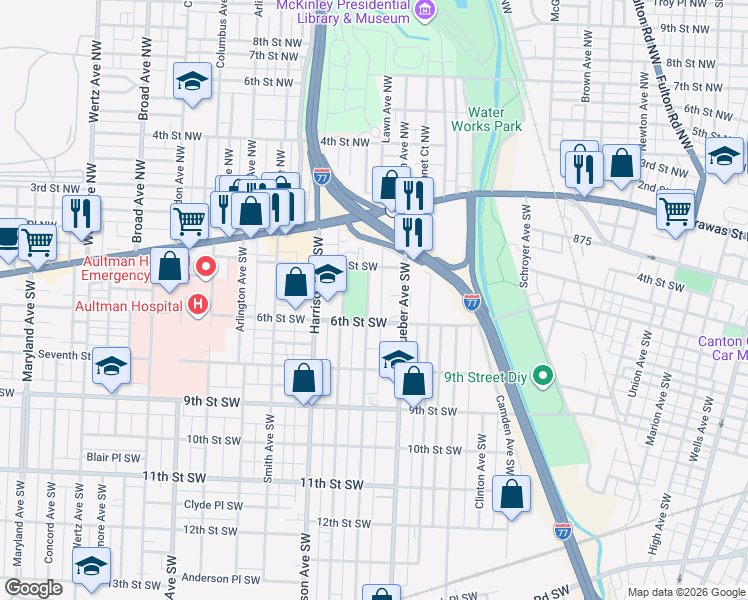 map of restaurants, bars, coffee shops, grocery stores, and more near 248 Park Avenue Southwest in Canton