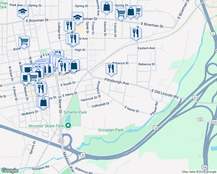 map of restaurants, bars, coffee shops, grocery stores, and more near 152 Catherine Street in Wooster