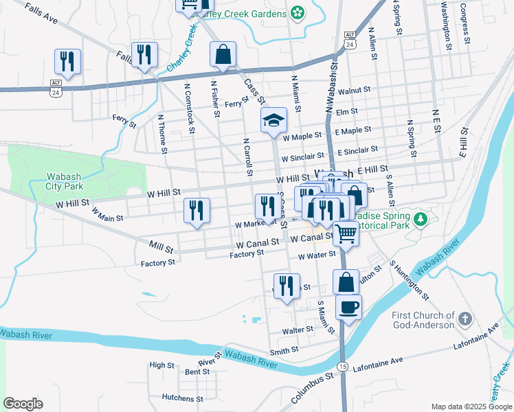 map of restaurants, bars, coffee shops, grocery stores, and more near 135 S Carroll St in Wabash