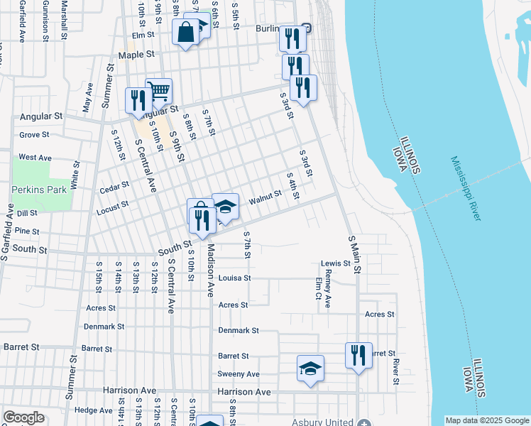 map of restaurants, bars, coffee shops, grocery stores, and more near 513 South Street in Burlington