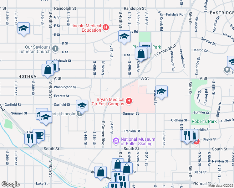 map of restaurants, bars, coffee shops, grocery stores, and more near 1545 South 48th Street in Lincoln