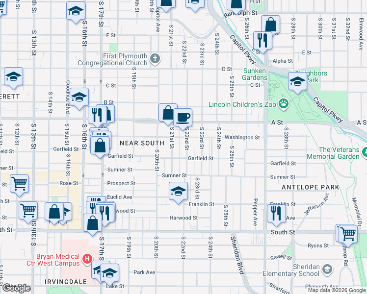 map of restaurants, bars, coffee shops, grocery stores, and more near 2120 Garfield Street in Lincoln