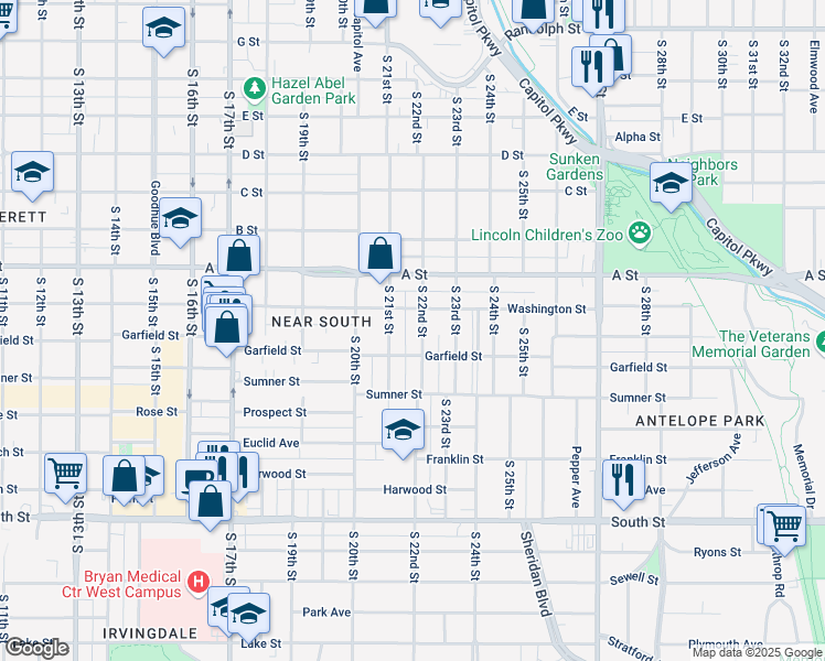 map of restaurants, bars, coffee shops, grocery stores, and more near 2120 Garfield Street in Lincoln