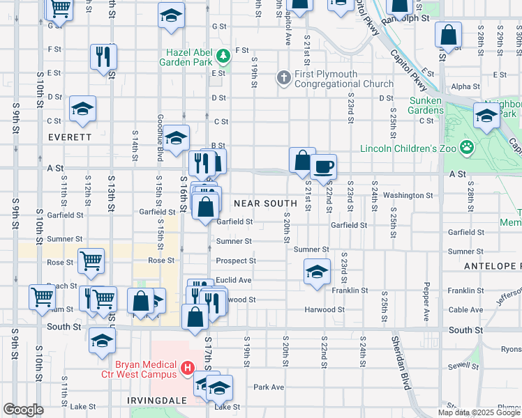 map of restaurants, bars, coffee shops, grocery stores, and more near 1934 Garfield Street in Lincoln