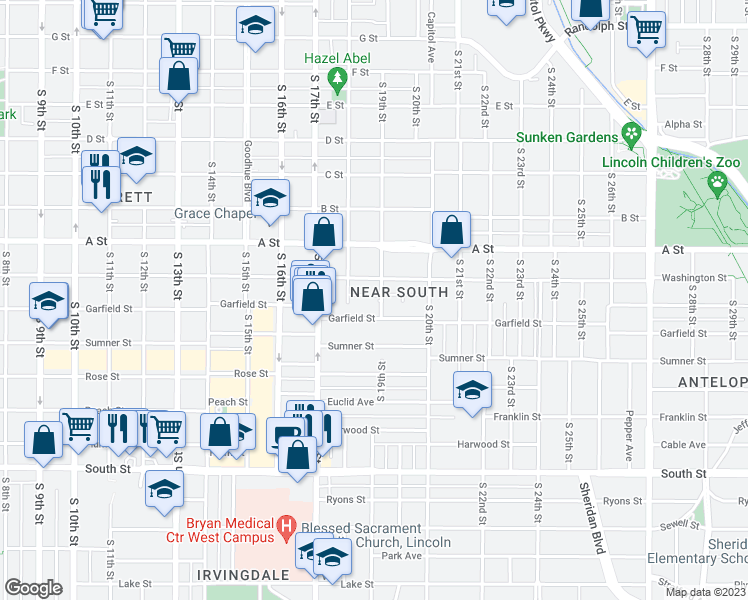 map of restaurants, bars, coffee shops, grocery stores, and more near 1828 Garfield Street in Lincoln
