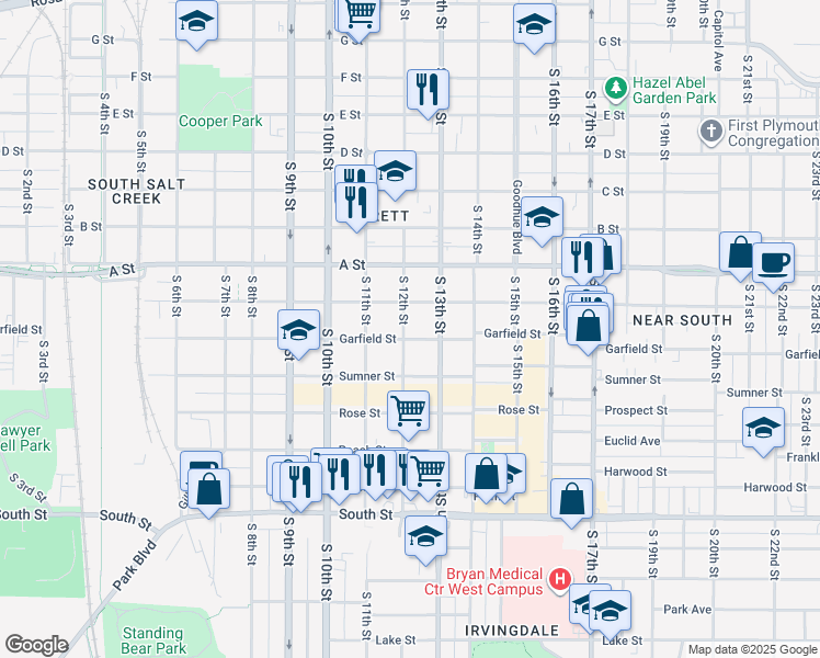 map of restaurants, bars, coffee shops, grocery stores, and more near 1219 Garfield Street in Lincoln