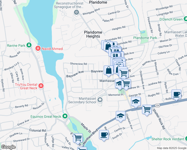 map of restaurants, bars, coffee shops, grocery stores, and more near 127 Hillside Avenue in Manhasset