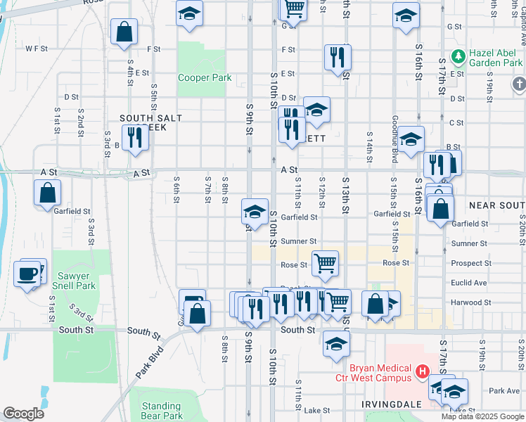 map of restaurants, bars, coffee shops, grocery stores, and more near 906 Garfield Street in Lincoln