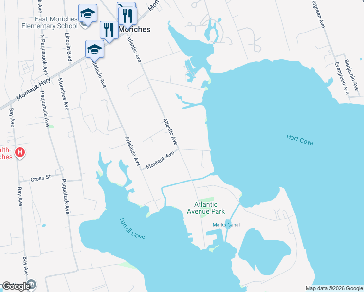 map of restaurants, bars, coffee shops, grocery stores, and more near 43 Montauk Avenue in East Moriches