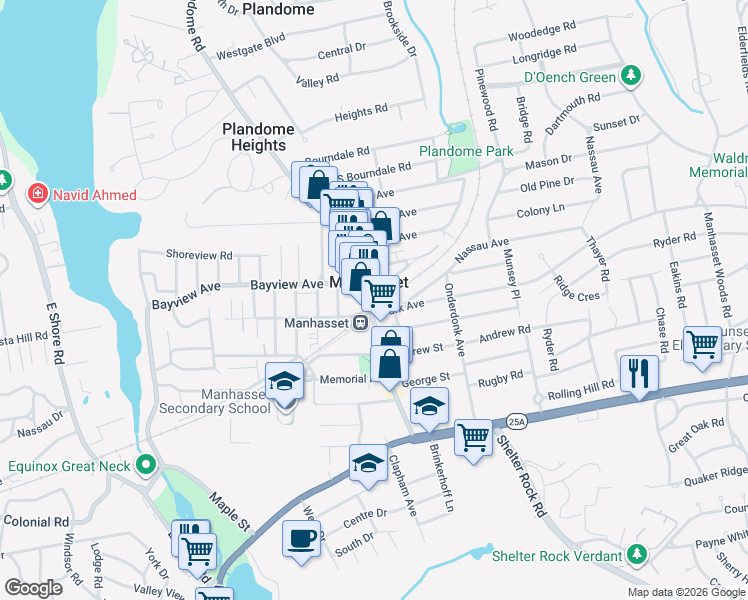 map of restaurants, bars, coffee shops, grocery stores, and more near 330 Plandome Road in Manhasset