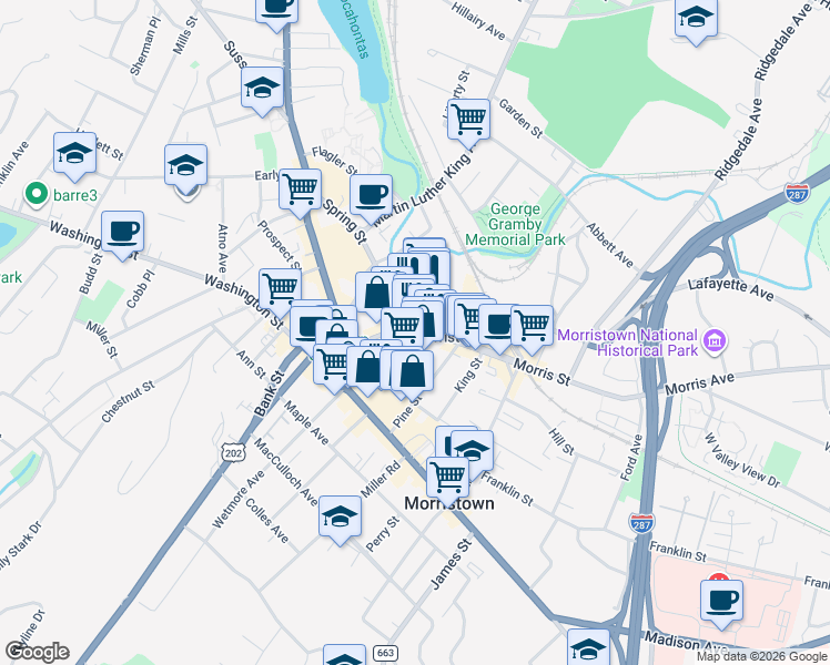 map of restaurants, bars, coffee shops, grocery stores, and more near 65 Morris Street in Morristown