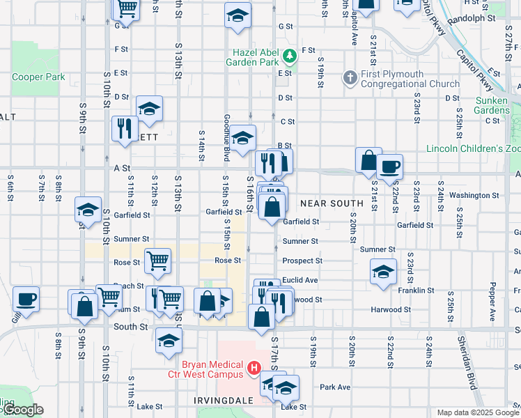 map of restaurants, bars, coffee shops, grocery stores, and more near 1641 Garfield Street in Lincoln