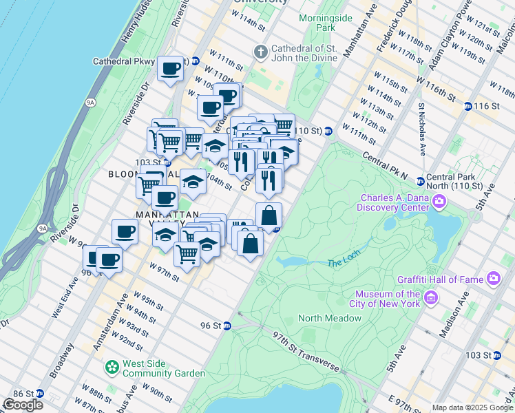 map of restaurants, bars, coffee shops, grocery stores, and more near 54 West 104th Street in New York