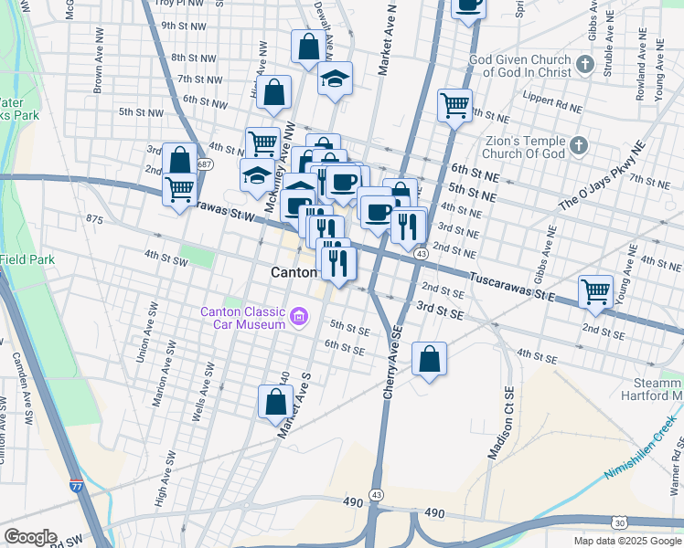 map of restaurants, bars, coffee shops, grocery stores, and more near 220 Market Avenue South in Canton
