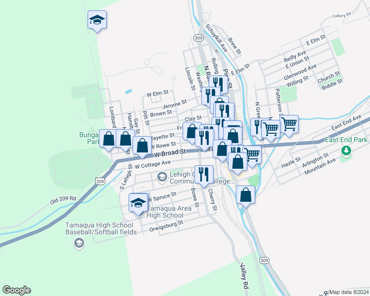 map of restaurants, bars, coffee shops, grocery stores, and more near 133 West Broad Street in Tamaqua