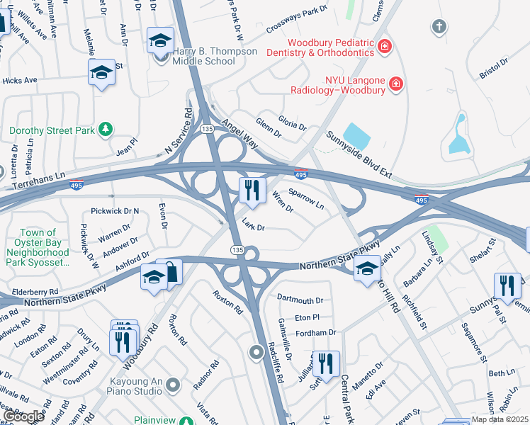 map of restaurants, bars, coffee shops, grocery stores, and more near 900 Woodbury Road in Woodbury
