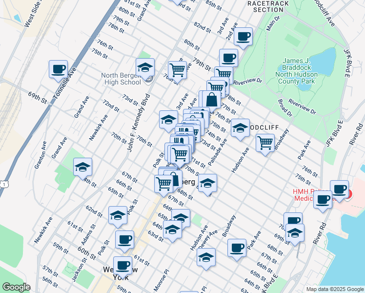map of restaurants, bars, coffee shops, grocery stores, and more near 7118 Bergenline Avenue in North Bergen