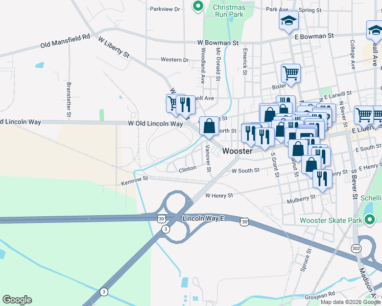 map of restaurants, bars, coffee shops, grocery stores, and more near Wooster in Wooster